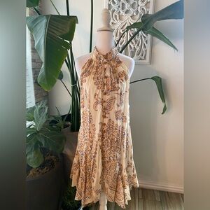 Zara Cream Halter Paisley Maxi Dress with Brown Print